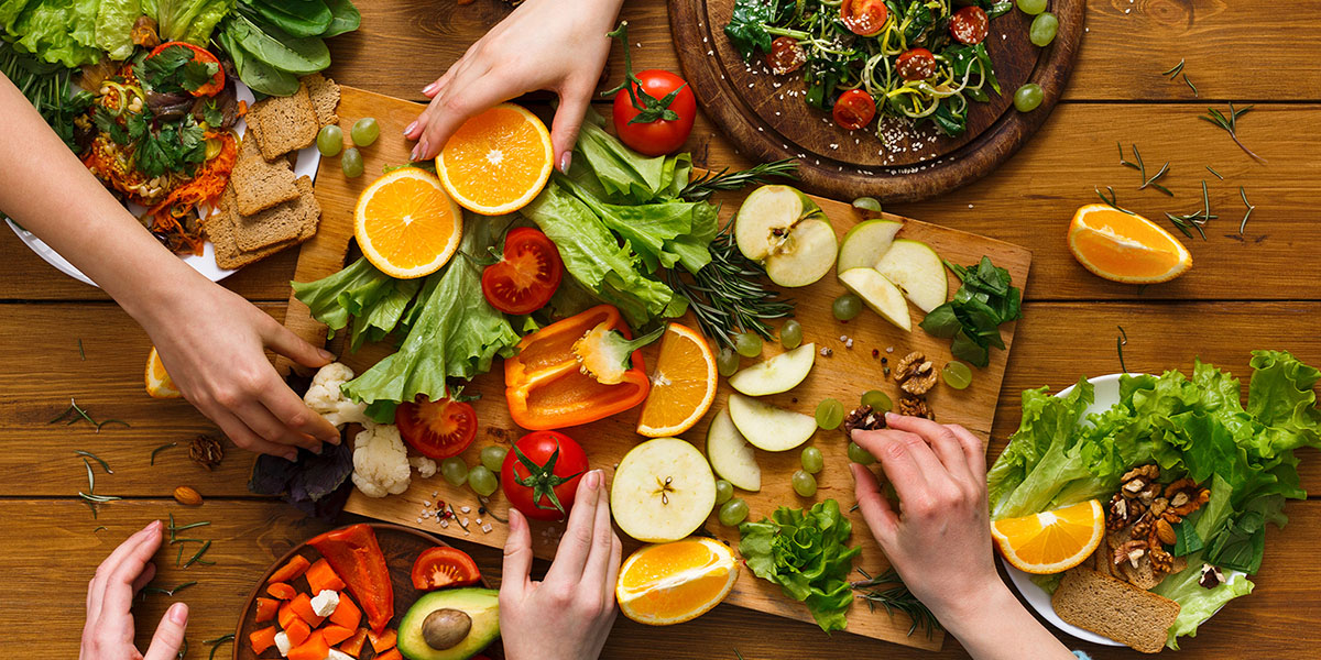 set table with fruit & vegetables